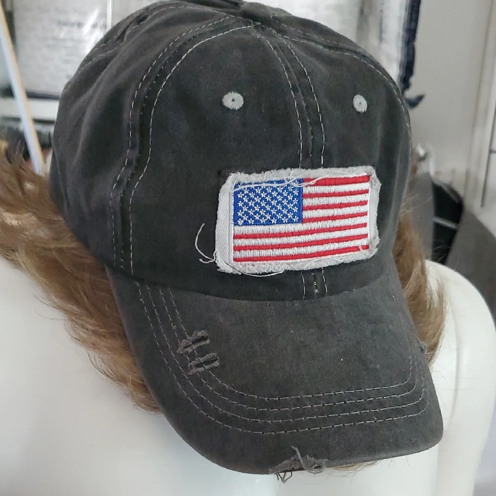 New Ametican Flag Gray Distressed Hat Ball Cap.